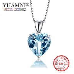 YHAMNI 100% 925 Solid Silver Ocean Heart Pendant Necklaces For Women Blue Crystal Rhinestone Wedding Necklace Fine Jewellery LD380