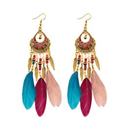 Fashion Women Long Tassel Black Feather Earrings Tibetan Jewellery Ethnic Boho Dangle Jhumka Earring Leaf Tribe Earrings Oorbellen