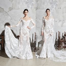 Elegant Zuhair Murad Mermaid Wedding Dresses Off Shoulder Long Sleeveless Lace Applique Wedding Gown Sweep Train robe de mariée