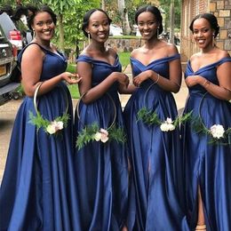 Elegant Navy Blue Bridesmaid Dresses Satin Straps Off The Shoulder Side Slit A Line Pleats Ruched Maid Of Honour Gown Plus Size New 403