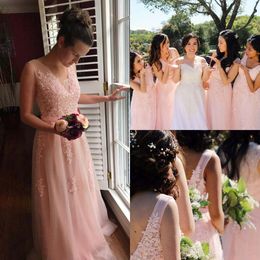 Setwell V-neck A-line Bridesmaid Dresses Sleeveless Sexy V-back Lace Appliques See Through Long Maid Of Honor Gowns With Belt