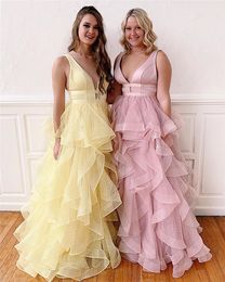 Plunging V-neck Prom Dresses Evening Long 2020 Ruffles Tulle Open BacK Cheap Bridesmaid Dress Elegant Formal Party Special Occasion Dress