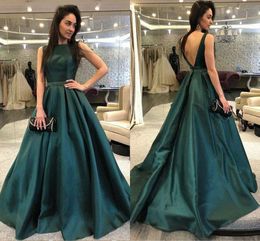 Dark Green V Backless Formal Prom Dresses A-line Crystal Beaded Sashes Satin Simple Dresses Evening Wear Party Dress For Women Long