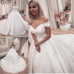 Sexy Elegant White Ball Gown Wedding Dresses Elegant Off Shoulder Appliques Ruched Long Train Bridal Gowns Corset Back Vestidos De Mariee