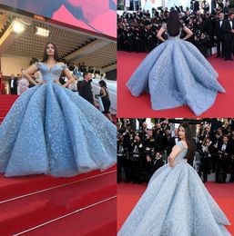 sexy sky blue evening dresses off shoulder ball gown prom dresses abendkleid long train luxury lace red carpet celebrity dresses