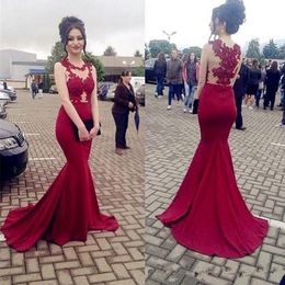 Red 2019 sheer crew Prom Dresses Mermaid Appliques Lace Elegant Plus Size Party Women Long Prom Gown Evening Dresses Robe De Soiree