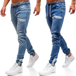 Men's Jeans 3 Colours Mens Blue Black Zipper Design Elastic Waist Retro Fashion Denim Pants Pencil Motorcycle