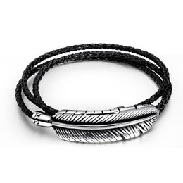 New Trendy Fashion Jewellery Designer Stainless Steel Vintage Leaves Multi Layer Braided Leather Bracelet for Men