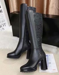 New Arrival Womens Martin Zip Motorcycle Square Heel 10CM Platforms Printing Snow Winter Knee Cow Leather Booties SZ35-40