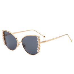 Luxury-Women Luxury Cat Eye Sunglasses Vintage Pearl Gold Metal Frame Sun Glasses Fashion Brand Designer Sunglass Ladies Shades Eyewear