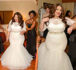 2020 Plus Size Lace Mermaid Wedding Dresses With Sashes Beaded Sheer Scoop Neck Half Sleeve Backless Bridal Gowns Custom Made
