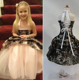 New Camo Flower Girl Dresses For Wedding Halter Neck Lace Up Back Ruffles Satin Kids First Holy Communion Dresses Custom Made