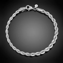 -Luxo 3 MM 4 MM 925 pulseiras de prata esterlina 8 polegada mulheres Trançado Cadeia de Corda Pulseira Wrap Pulseira Para Homens s Moda Jóias