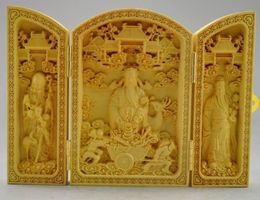 Decorated Boxwood Highly Difficulty Carved God Of Wealth Statue Folding Box AS