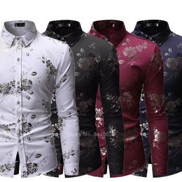 2019 NEW African Traditional Clothing Dashiki Shirt for Men Streetwear Party Slim Fit Golden Floral Printed Fashion Top Blouse