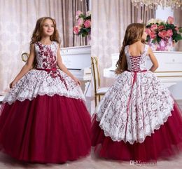 New Arrival Burgundy White Lace Ball Gown Little Girl's Pageant Dresses Princess Appliqued Lace-up Belt First Communion Flower Girls Dress