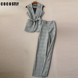 New 2019 2 Piece Set Elegant Plaid Pant Suit Waistcoat Belt Gray Vest Women Sleeveless Jacket Blazer Office Lady Work Wear