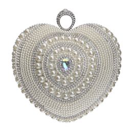 Heart-shaped women evening bags beaded small purse clutch bags finger ring rhinestones wedding handbag shoulder bag