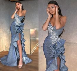 2020 Gray Sequins Mermaid Party Evening Dress Ruffles High Split Slit Sweetheart Backless Applique ogstuff robes de soirée Prom Dress Formal