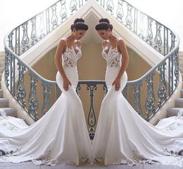 2019 New Spaghetti Straps Lace Mermaid Beach Wedding Dresses Satin Lace Applique Sweep Train Boho Wedding Bridal Gowns robes de mariée BC3