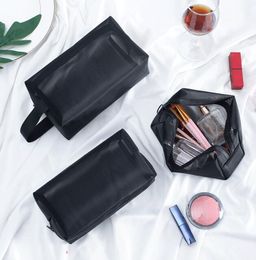 DHL50sets Women Nylon Mesh 3pc set Travel Protable Cosmetic Bag Black Zipper Wash Bag