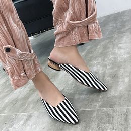 Hot Sale-2019 stripe Mules Women low heels Slippers fashion pointed toe shoes Slip on Slides black pink mixed color zapatos mujer loafers