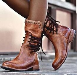 2019 Women Luxury Leather Boots Lace Up Fashion Shoes Low Heel Studded Leather Shoes Western Boots