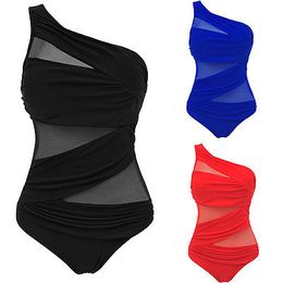 Plus Size Ladies One Piece Mesh Bandage Bikini Swimwear One Shoulder Push Up Monokini Swimsuit Bathing Suit XL XXL Beachwear RED