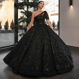Glittery Black Evening Gowns Long 2020 One Shoulder ball gowns Sequined Ball Gown Formal Dresses Arabic Sparkly Prom Dress