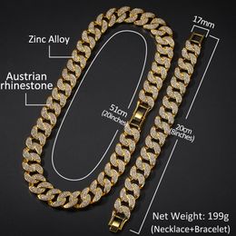 Europe and America New Fashion Mens Hip Hop Chain Necklace Yellow Gold Plated Full Rhinstone Heavy Cuban Chain Necklace Bracelet for Men