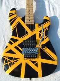 Custom Kra Wolf Edward Van Halen 5150 Yellow Stripe Black Electric Guitar Floyd Rose Tremolo Bridge, Maple Neck & Fingerboard