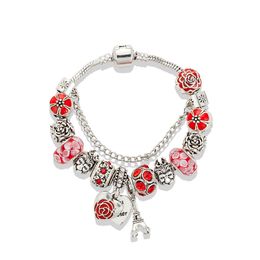 Wholesale- Red Tower Pendant Bracelet for Pandora Jewelry Silver Plated DIY Charm Beaded Bracelet with Original Box Holiday Gift