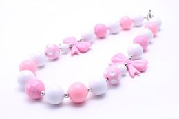 Pretty Bow Fashion Kid Chunky Necklace Pink+White Colour Bubblegum Bead Chunky Necklace Children Jewellery For Toddler Girls