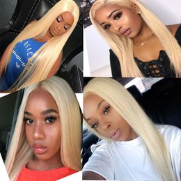 Full Lace Human Hair Wigs 180Density Brazilian Blonde #613 Human Hair Straight Thick Glueless Lace Front Wigs With Baby Hair