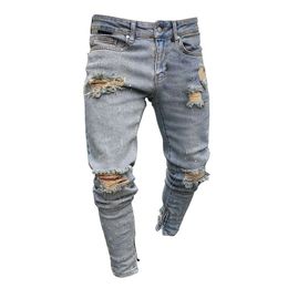 Fashion-Denim Blue Ripped Designer Jeans Mens Clothing Draped Slim Fit Holes Zipper Pencil Pants Hombes Pantalones