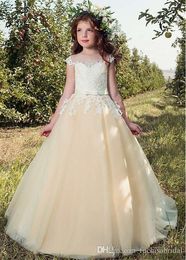 Sheer Neck Champagne Flower Girl Dresses with Bow Belt Cap Sleeves Girl Pageant Dress Wedding Pary Junior Bridesmaid Dress