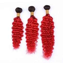 Bright Red Ombre Loose Wave Weave Bundles Wavy Malaysian Virgin Hair 3Pcs Lot #1B/Red Ombre Human Hair Weaves Extensions Dark Rooted 10-30"