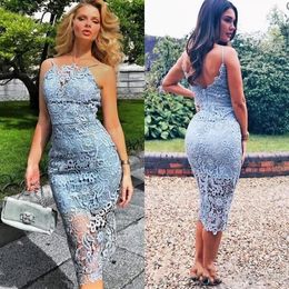 Elegant Cocktail Dresses Sheath Tea Length Lace Backless Short Homecoming Dresses