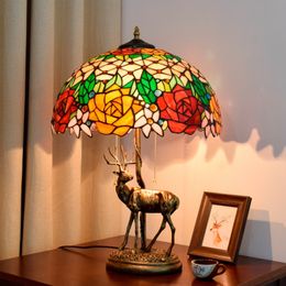 American creative elk glass lamp Tiffany stained glass lights online push button switch + zipper switch Rose table lamps TF025