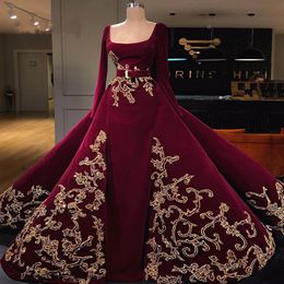 evening gowns detachable skirts Canada - Burgundy Long Sleeves Muslim Evening Dresses With Detachable Skirt Prom Dress Gold Applique Saudi Arabic Evening Gowns