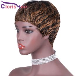 1B 27 Coloured Short Straight Bob Wig Pixie Cut Honey Blonde Ombre Peruvian Remy Human Hair Glueless Machine Made Wigs For Black Women