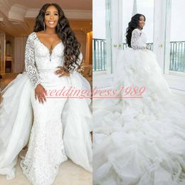 Exquisite V-Neck Wedding Dresses Mermaid Lace With Detachable Skirt Long Sleeve Country Vestido de novia Plus Size Bridal Gown For Bride