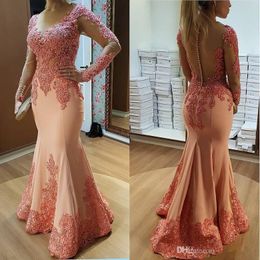 African Mermaid 2019 Prom Dresses Long Sleeve Sheer Scoop Neck Formal Luxury Beading Crystal Tulle Arabic Evening Gowns
