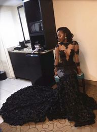 Sexy Black African Plus Size Prom Dresses Handmade Flowers Long Illusion Bodice Sweep Train Lace Applique Beaded Formal Evening Wear