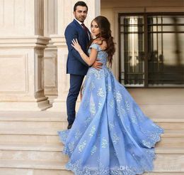 2019 Light Blue Off Shoulder Evening Dress With Lace Applique Formal Holiday Wear Prom Party Gown Custom Made Plus Size