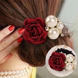 2020 Hair Accessories Women Fashion Style Big Rose Flower Pearl Rhinestone Hair Bands Elastic Hair Rope Ring 6 Colours for Girls