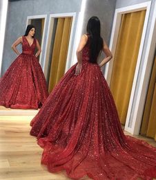 Red Prom Dresses Bling Sequined Ball Gown Quinceanera Pageant Dresses Evening Gowns Deep V Neck Court Train Sweet 16 Dresses 86