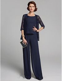 2019 New Summer Two Piece Mother of the Bride Dresses Plus Size Jewel Neck Floor Length Chiffon Lace Pants Suits Party Gowns