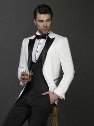 New High Quality Two Button Ivory Groom Tuxedos Peak Lapel Groomsmen Best Man Suits Mens Wedding Suits (Jacket+Pants+Vest+Tie) 824