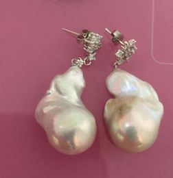 HUEG par de mm Mar del Sur natural genuino barroco blanco perla pendiente de plata 925